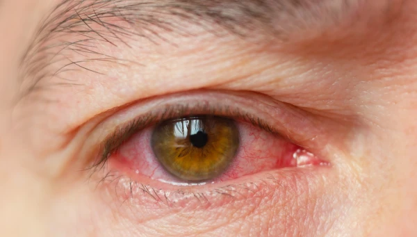 contraindicaciones-colirios Primer plano de ojo enrojecido con signos de irritación ocular.