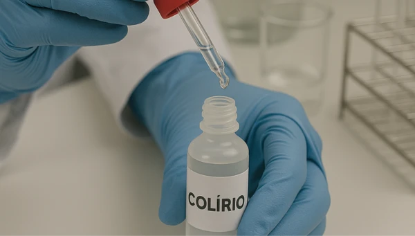 elaboracion-colirio-ojos Preparación de colirio en laboratorio por profesional con guantes.
