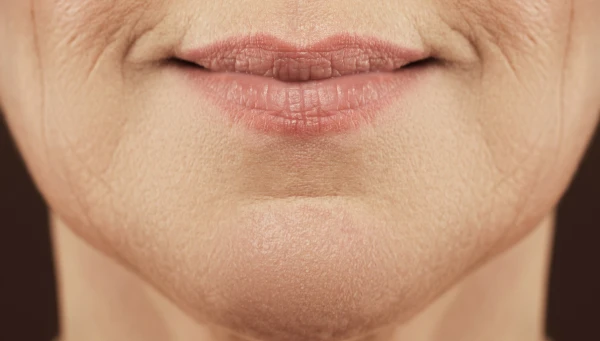Primer plano de arrugas verticales sobre el labio superior, conocidas como código de barras.