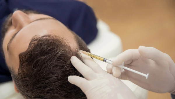 Aplicación de mesoterapia capilar en hombre para estimular el crecimiento del cabello.