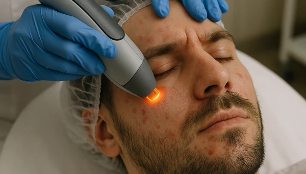 Hombre con acné recibiendo tratamiento láser antimanchas en clínica estética.
