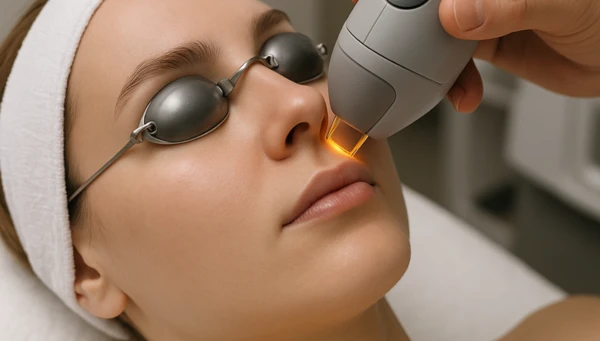 tratamiento-antimanchas-laser-madrid Mujer recibiendo tratamiento láser facial antimanchas en clínica estética.