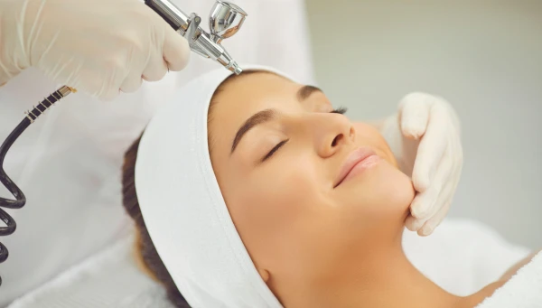 tratamiento-higiene-facial-oxigenante Mujer recibiendo tratamiento facial oxigenante con aerógrafo en centro de estética.